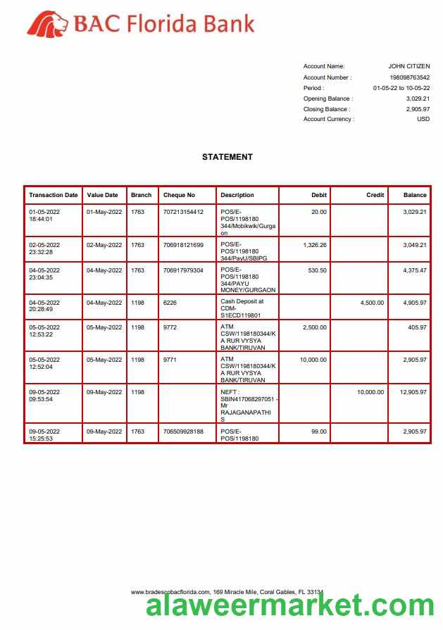 USA BAC Florida bank statement